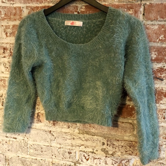 American Apparel Cali Sun & Fun Seafoam Green Cropped Fuzzy Sweater, Medium - Picture 3 of 5